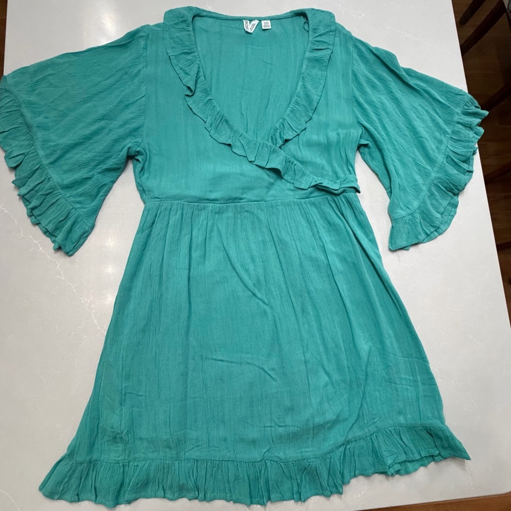 Roxy Second Look Ruffled Faux Wrap Mini Dress Aqua Boho Coastal, Junior XL